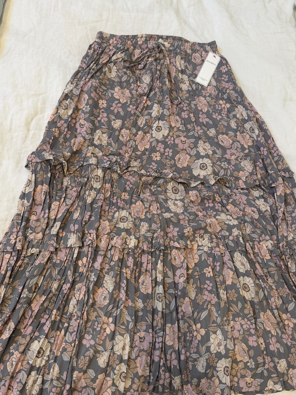 AURA Women's Floral Tiered Maxi Skirt - Dusty Gray with Pink Floral